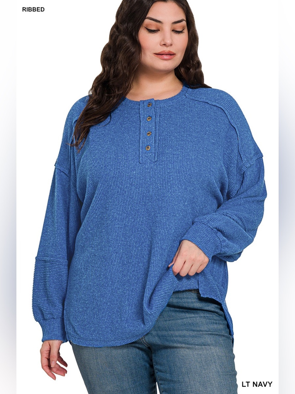 HT-2466X PLUS Zenana Lt Navy Button Front Ribbed Melange Long Sleeve Top